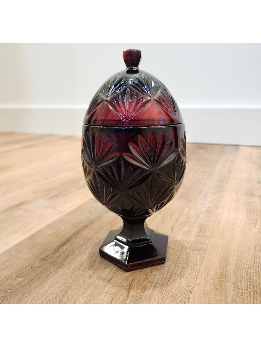 Cristal d'Arques Ruby Red Cut Glass Egg Shaped Pedestal Candy Dish w/Lid